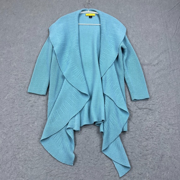 St John Cardigan Women's Medium Blue 100% Wool Open Front Waterfall Knit Sweater